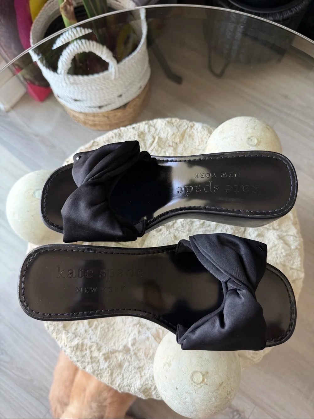 Kate Spade New York Bikini Wedge Platform Slide Sandals Black Bow US 7.5